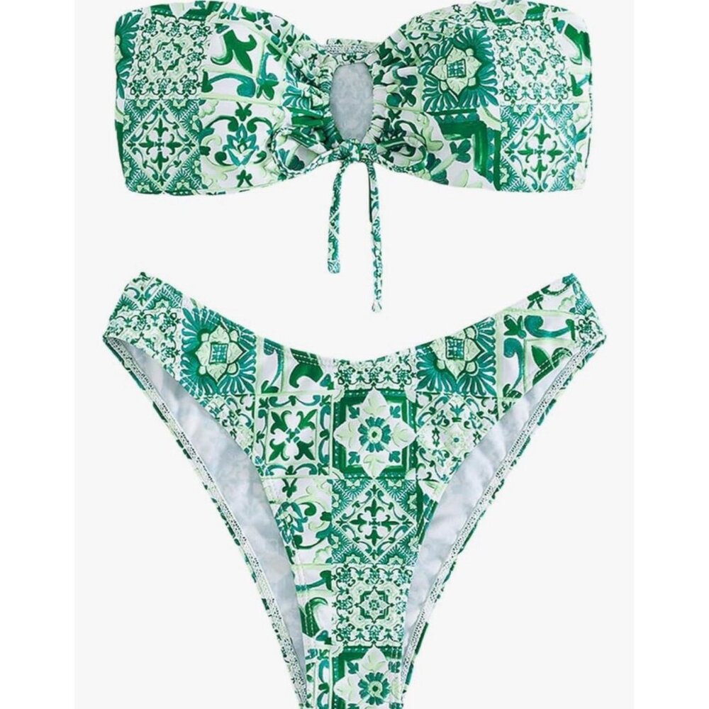 NEW 2 Piece Bandeau Swimsuit size M Green Patterned Vacation Beachwear